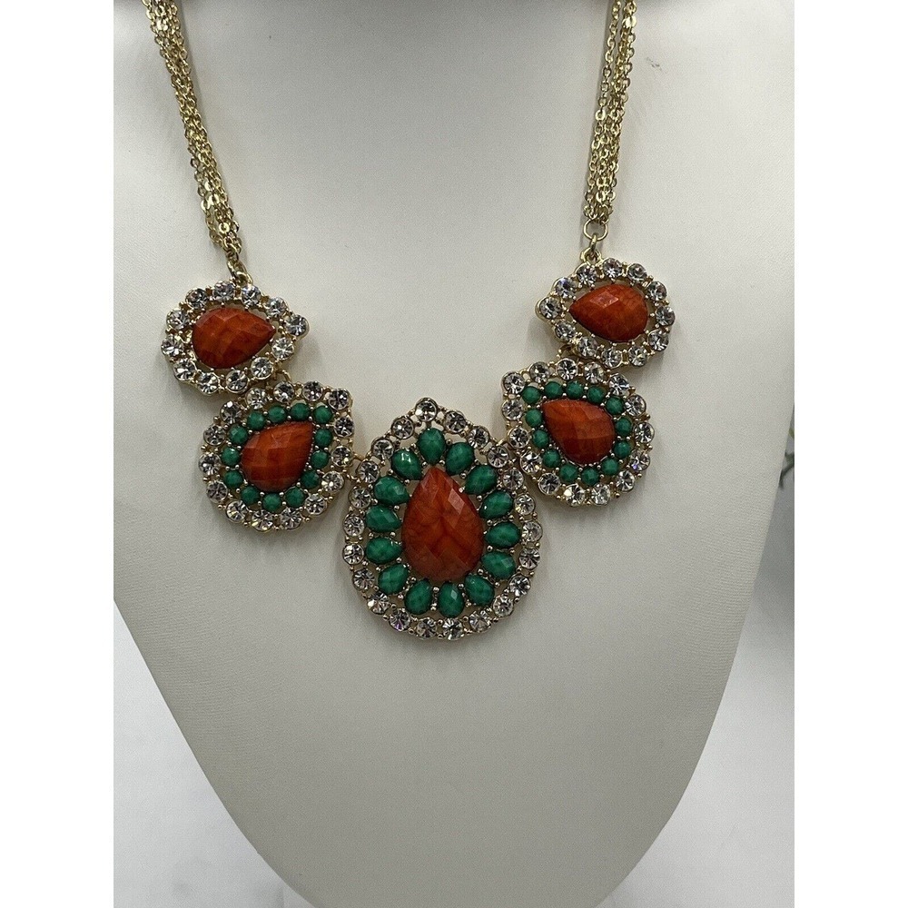 Amrita Singh Avery Austrian Orange & Green Crystal‎ Gold Tone Statement Necklace